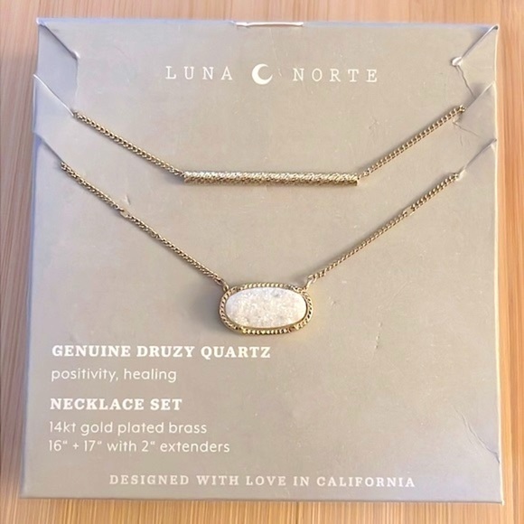Brand New Luna Norte Genuine Druzy Quartz & Bar 14K Gold Plated Necklace Set - Picture 10 of 14